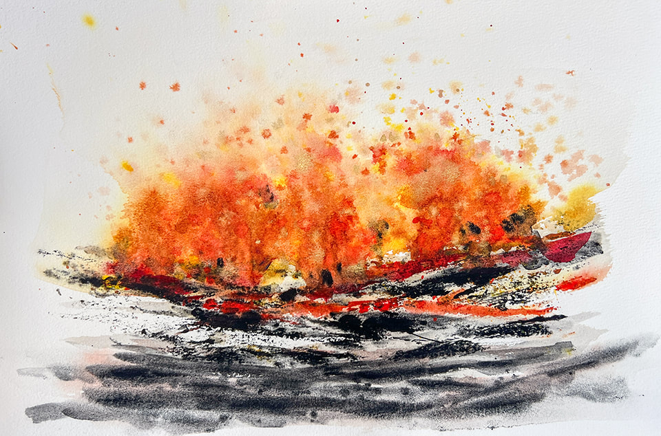hawaii, watercolor, art, oahu, hawaii artist, Chinese, Maui, Oahu, local, Asian American, eruption, fire, volcano, pele, lava, molten, abstract