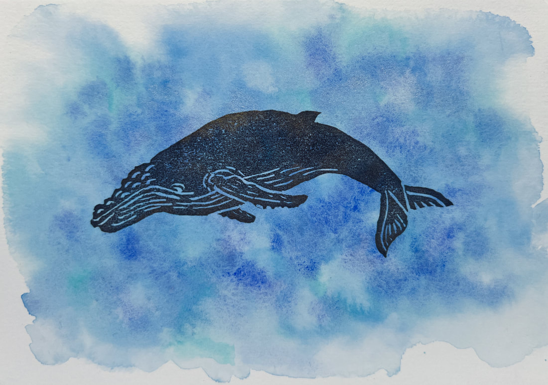 whale, humpback, ocean, hawaii, water, watercolor, art, oahu, hawaii artist, linocut, print