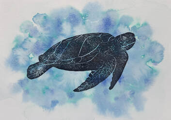 Sea turtle, ocean, hawaii, honu, water, watercolor, art, oahu, hawaii artist, linocut, print